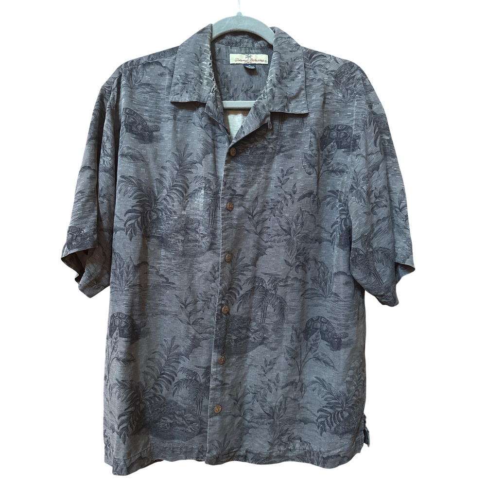 Tommy Bahama Mens Gray Silk Tropical Sea Turtle Print Camp Shirt Medium